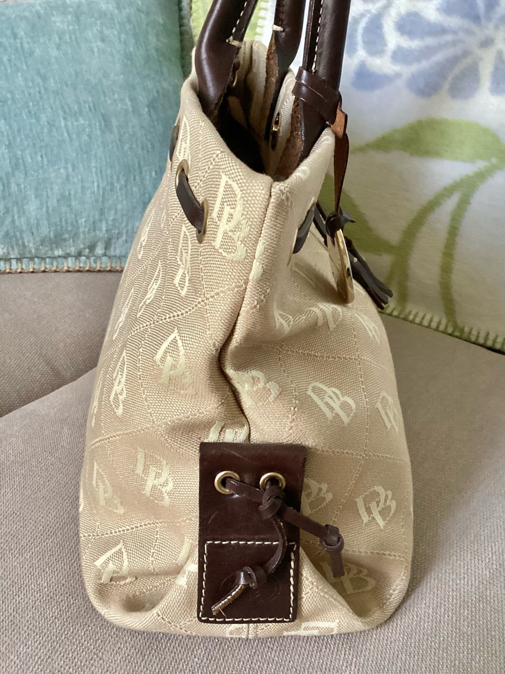 Dooney & Bourke Beige Logo Satchel with Dark Brown Trim - Picture 8 of 13